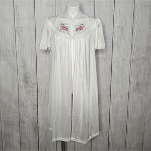 Vintage 70s Sears White Nylon Nightgown with Floral Embroidery, size Medium